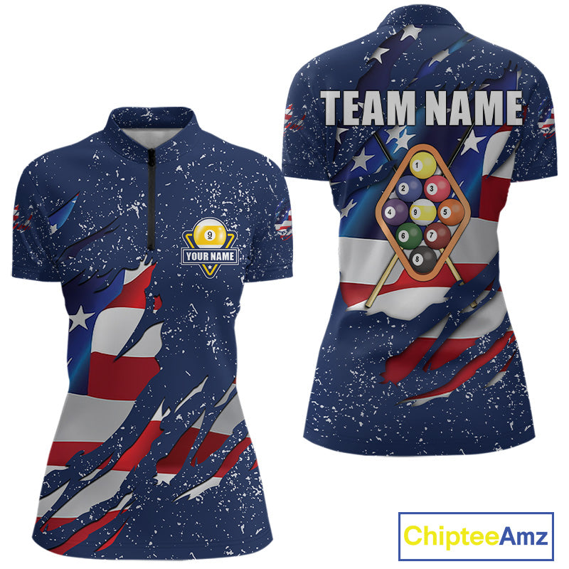9 Ball Pool US Flag Navy Blue Grunge Custom Women's Billiard Shirt, Patriotic Billiard Team Jersey TDM7643