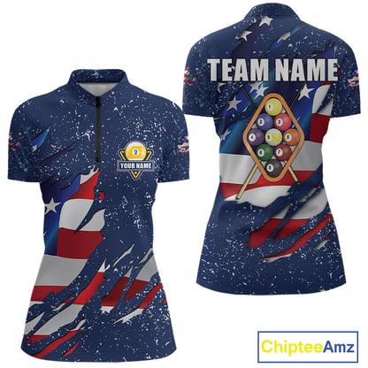 9 Ball Pool US Flag Navy Blue Grunge Custom Women's Billiard Shirt, Patriotic Billiard Team Jersey TDM7643