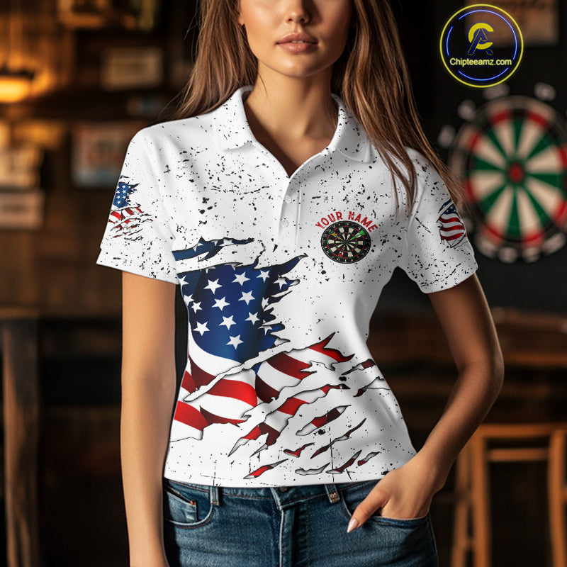 Personalized White Grunge American Flag Darts Jersey For Women Custom Patriotic Darts Team Shirts TDM5076