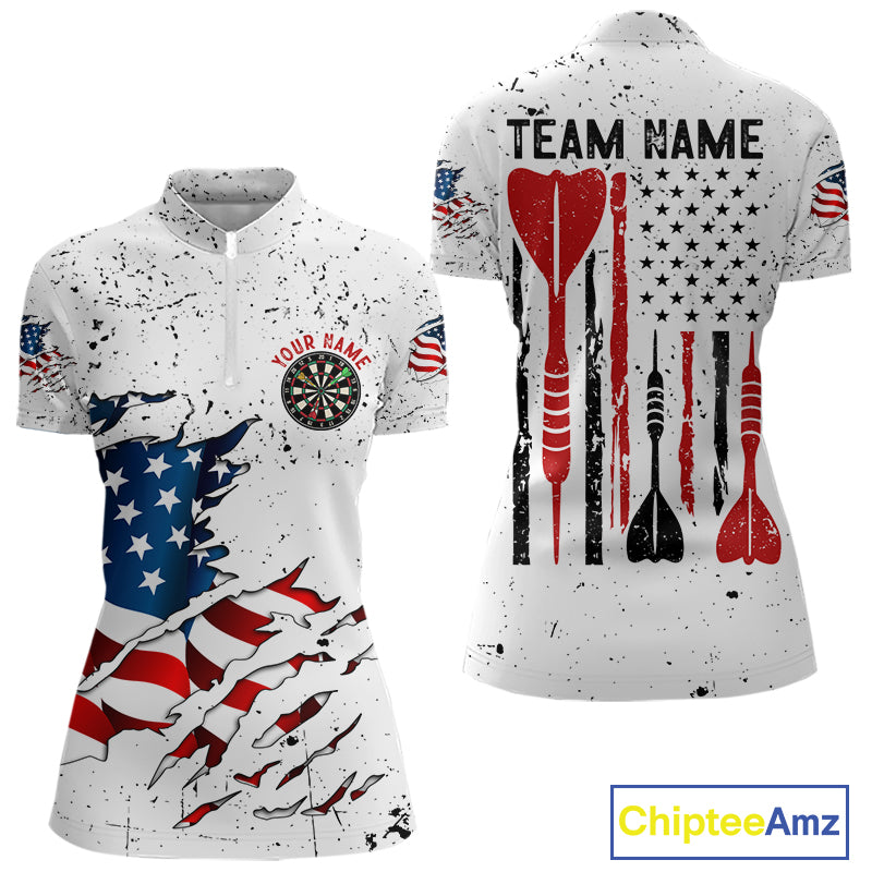 Personalized White Grunge American Flag Darts Jersey For Women Custom Patriotic Darts Team Shirts TDM5076