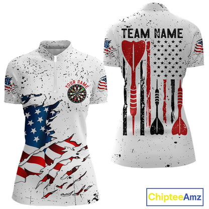 Personalized White Grunge American Flag Darts Jersey For Women Custom Patriotic Darts Team Shirts TDM5076