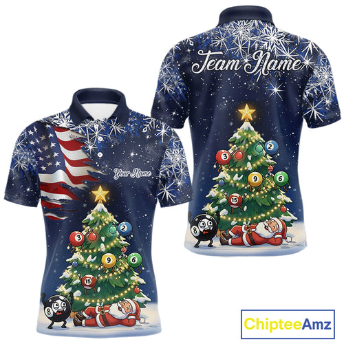 Funny Santa Christmas Billiard Shirts For Men Custom US Flag Xmas Pine Tree Pool Team Shirt TDM5289