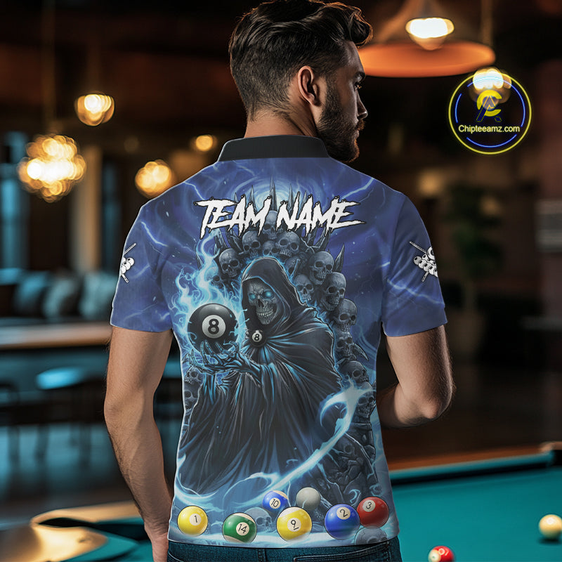 Blue Grim Reaper Lightning Billiard Shirt For Men Custom 8 Ball Pool Jersey Team Polo & 1/4 Zip TDM5292