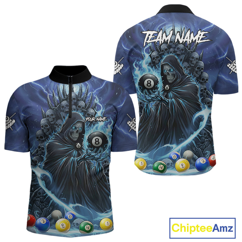 Blue Grim Reaper Lightning Billiard Shirt For Men Custom 8 Ball Pool Jersey Team Polo & 1/4 Zip TDM5292