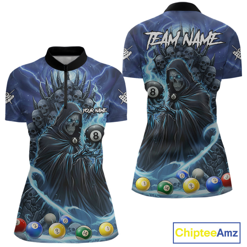 Blue Grim Reaper Lightning Billiard Shirt For Women Custom 8 Ball Pool Jersey Team Polo & 1/4 Zip TDM5292
