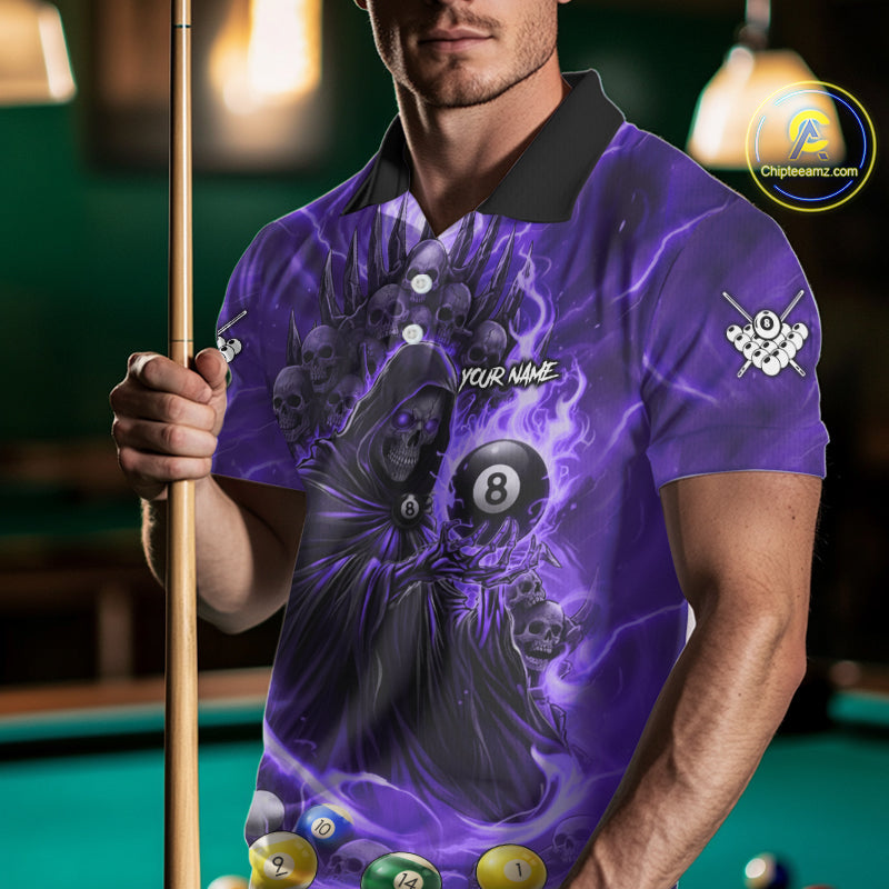 Purple Grim Reaper Lightning Billiard Shirt For Men Custom 8 Ball Pool Jersey Team Polo & 1/4 Zip TDM5293