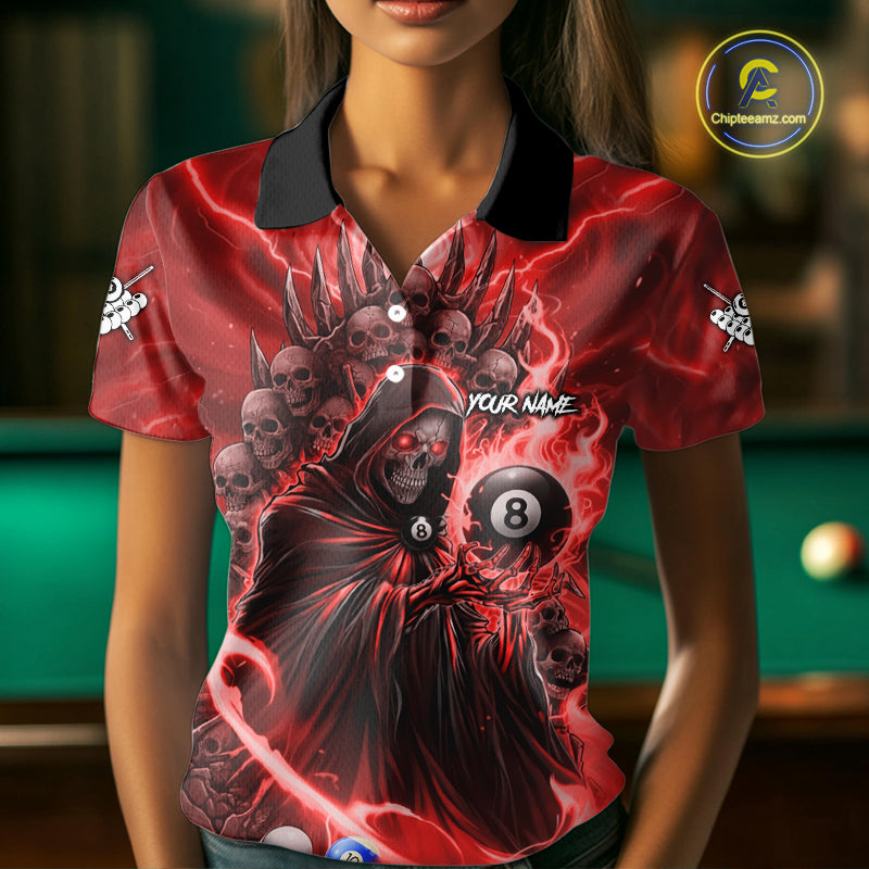 Red Grim Reaper Lightning Billiard Shirt For Women Custom 8 Ball Pool Jersey Team Polo & 1/4 Zip TDM5294
