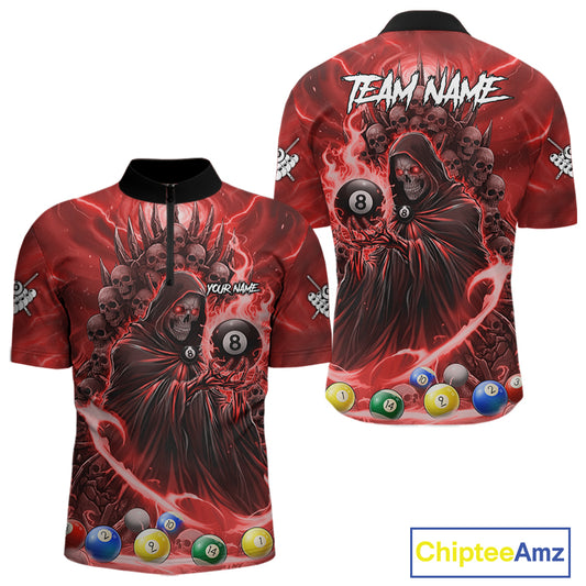 Red Grim Reaper Lightning Billiard Shirt For Men Custom 8 Ball Pool Jersey Team Polo & 1/4 Zip TDM5294