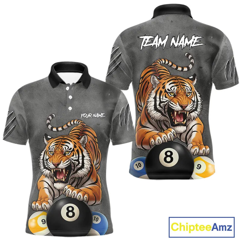 Funny Tiger 8 Ball, 9 Ball & 10 Ball Billiard Shirt For Men Custom Pool Team Jersey | Grey TDM5540