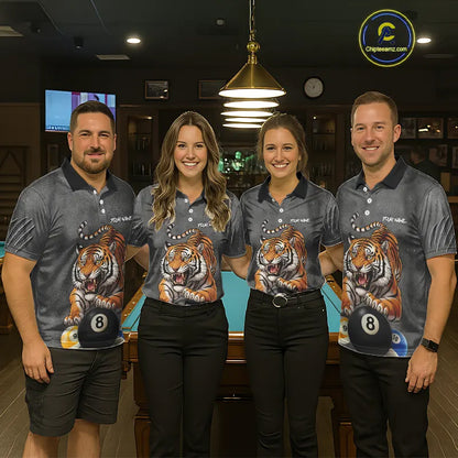 Funny Tiger 8 Ball, 9 Ball & 10 Ball Billiard Shirt For Men Custom Pool Team Jersey | Grey TDM5540