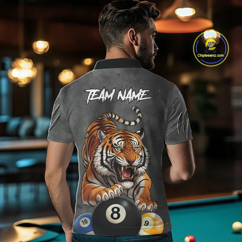 Funny Tiger 8 Ball, 9 Ball & 10 Ball Billiard Shirt For Men Custom Pool Team Jersey | Grey TDM5540