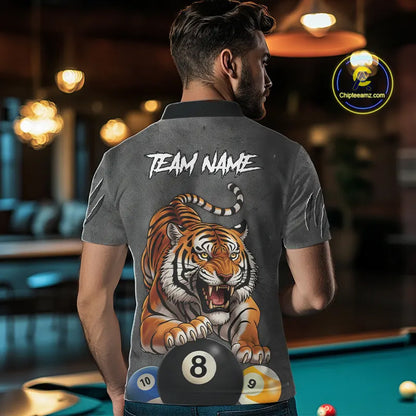 Funny Tiger 8 Ball, 9 Ball & 10 Ball Billiard Shirt For Men Custom Pool Team Jersey | Grey TDM5540