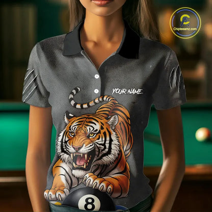 Funny Tiger 8 Ball, 9 Ball & 10 Ball Billiard Shirt For Women Custom Pool Team Jersey | Grey TDM5540