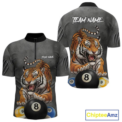 Funny Tiger 8 Ball, 9 Ball & 10 Ball Billiard Shirt For Men Custom Pool Team Jersey | Grey TDM5540