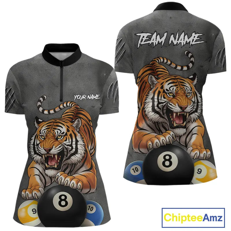 Funny Tiger 8 Ball, 9 Ball & 10 Ball Billiard Shirt For Women Custom Pool Team Jersey | Grey TDM5540
