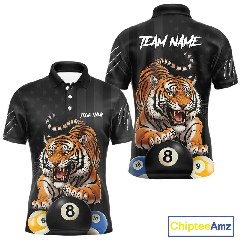 Funny Tiger 8 Ball, 9 Ball & 10 Ball US Flag Billiard Shirt For Men Custom Pool Team Jersey TDM5541