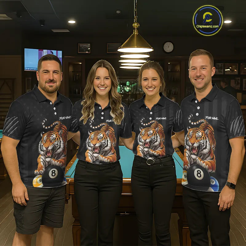 Funny Tiger 8 Ball, 9 Ball & 10 Ball US Flag Billiard Shirt For Men Custom Pool Team Jersey TDM5541