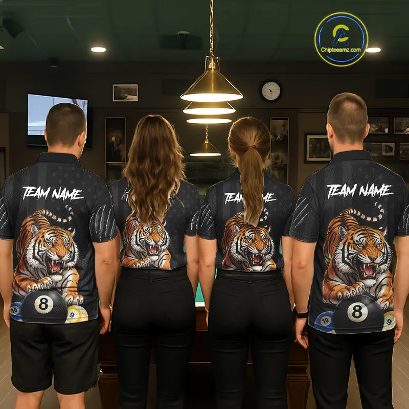 Funny Tiger 8 Ball, 9 Ball & 10 Ball US Flag Billiard Shirt For Men Custom Pool Team Jersey TDM5541