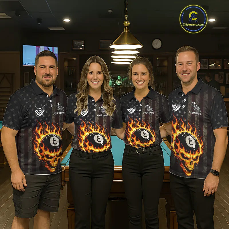 Vintage American Flag Skull Flame Billiard Shirt For Men Custom Patriotic 8 Ball Pool Team Jersey TDM5545