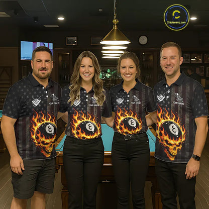 Vintage American Flag Skull Flame Billiard Shirt For Men Custom Patriotic 8 Ball Pool Team Jersey TDM5545