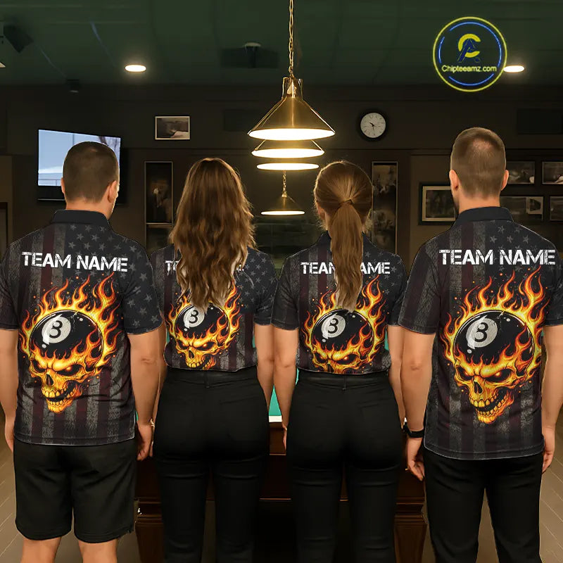 Vintage American Flag Skull Flame Billiard Shirt For Men Custom Patriotic 8 Ball Pool Team Jersey TDM5545