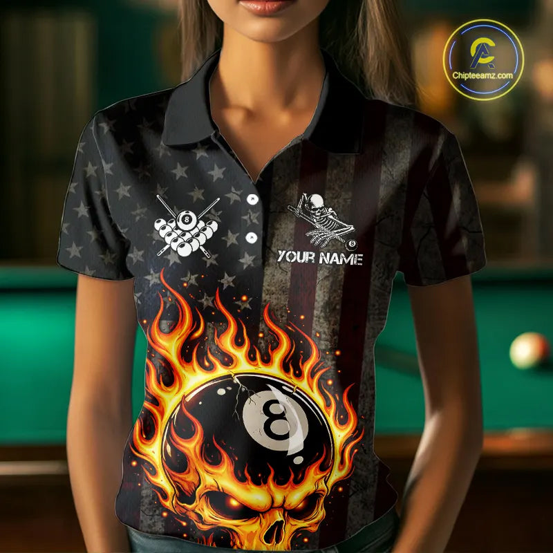 Vintage American Flag Skull Flame Billiard Shirt For Women Custom Patriotic 8 Ball Pool Team Jersey TDM5545