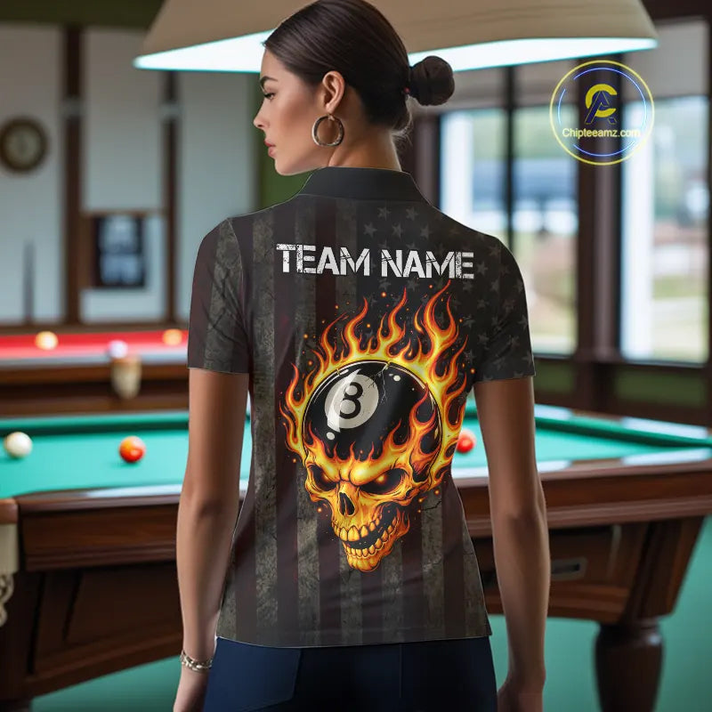 Vintage American Flag Skull Flame Billiard Shirt For Women Custom Patriotic 8 Ball Pool Team Jersey TDM5545