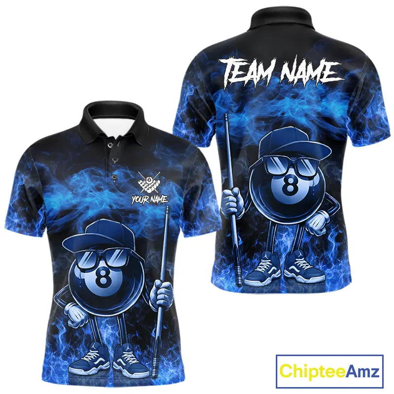 Blue Funny 8 Ball Pool Flame Smoke Billiard Shirt For Men Custom Billiard Team Jersey Uniform TDM5546