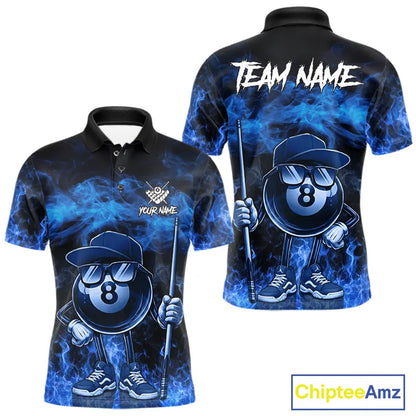 Blue Funny 8 Ball Pool Flame Smoke Billiard Shirt For Men Custom Billiard Team Jersey Uniform TDM5546
