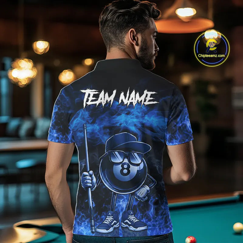 Blue Funny 8 Ball Pool Flame Smoke Billiard Shirt For Men Custom Billiard Team Jersey Uniform TDM5546