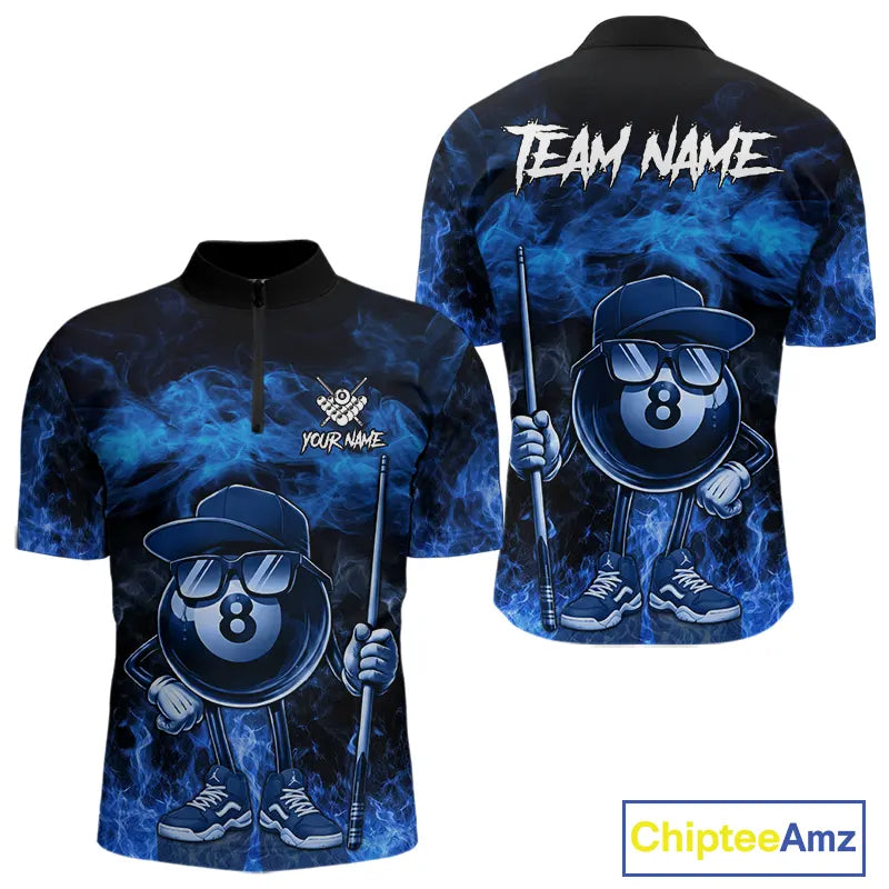 Blue Funny 8 Ball Pool Flame Smoke Billiard Shirt For Men Custom Billiard Team Jersey Uniform TDM5546