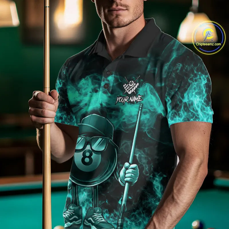 tdm men Turquoise Funny 8 Ball Pool Flame Smoke Billiard Shirt For Men Custom Billiard Team Jersey  TDM5547