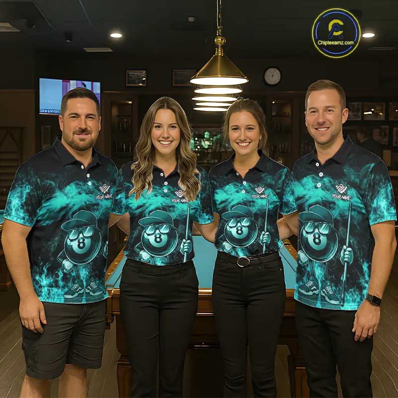 Turquoise Funny 8 Ball Pool Flame Smoke Billiard Shirt For Women Custom Billiard Team Jersey  TDM5547