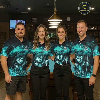 Turquoise Funny 8 Ball Pool Flame Smoke Billiard Shirt For Women Custom Billiard Team Jersey  TDM5547