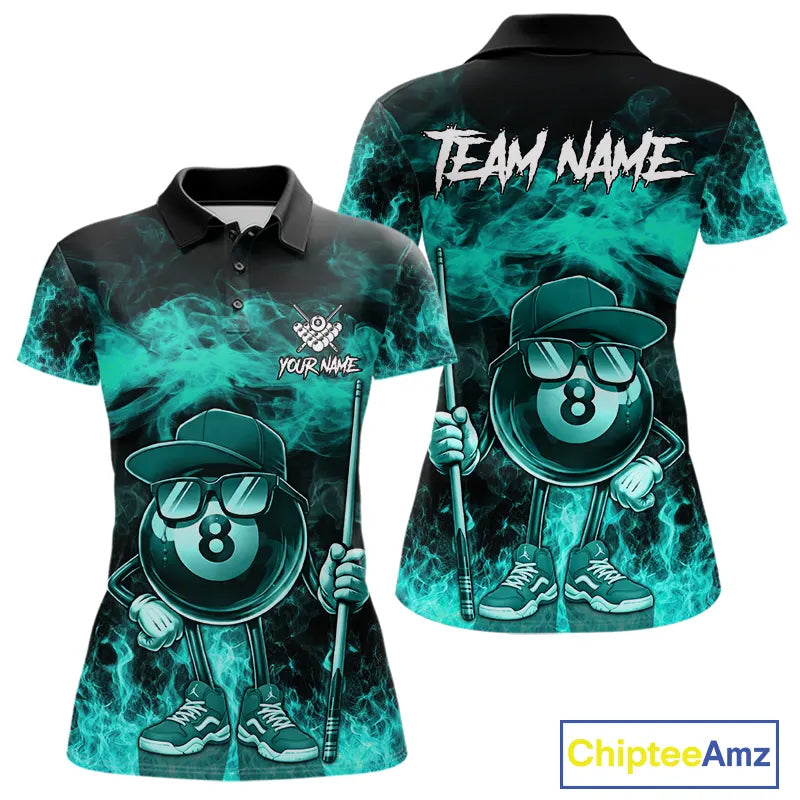 Turquoise Funny 8 Ball Pool Flame Smoke Billiard Shirt For Women Custom Billiard Team Jersey  TDM5547