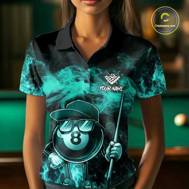Turquoise Funny 8 Ball Pool Flame Smoke Billiard Shirt For Women Custom Billiard Team Jersey  TDM5547