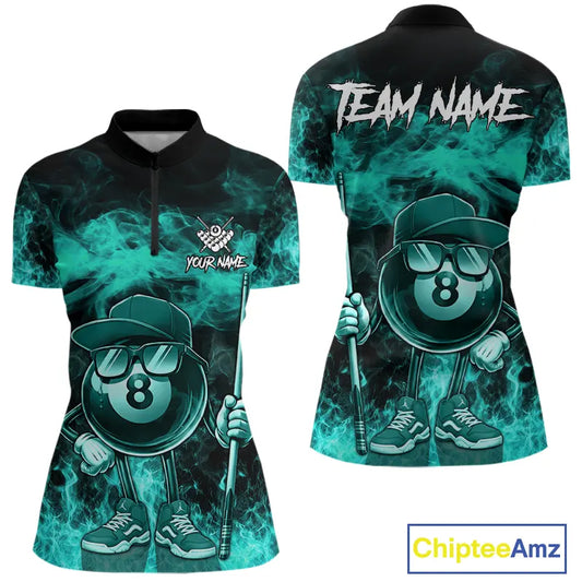 Turquoise Funny 8 Ball Pool Flame Smoke Billiard Shirt For Women Custom Billiard Team Jersey TDM5547