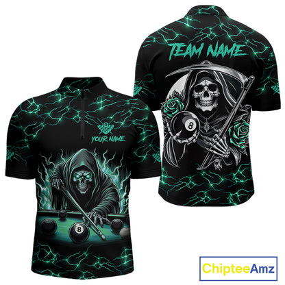 Turquoise Funny Grim Reaper Roses 8 Ball Pool Men Billiard Shirts Custom Thunder Billiard Jersey TDM3630