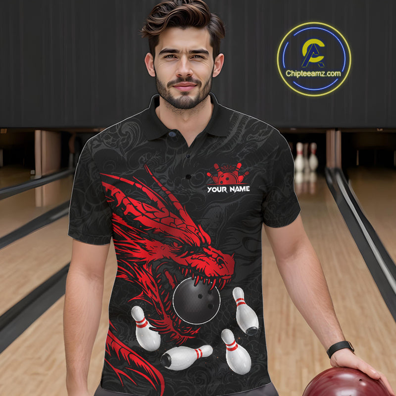 Black And Red Custom Dragon Bowling Shirt For Men, Bowling Team Jersey Polo & Quarter Zip TDM6166