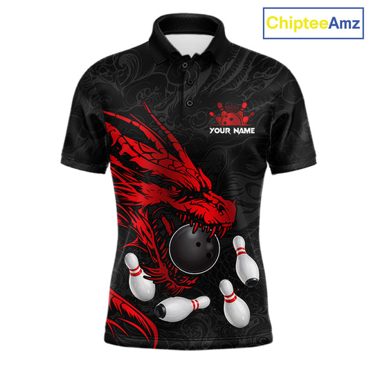 Black And Red Custom Dragon Bowling Shirt For Men, Bowling Team Jersey Polo & Quarter Zip TDM6166