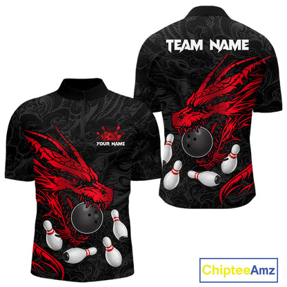 Black And Red Custom Dragon Bowling Shirt For Men, Bowling Team Jersey Polo & Quarter Zip TDM6166