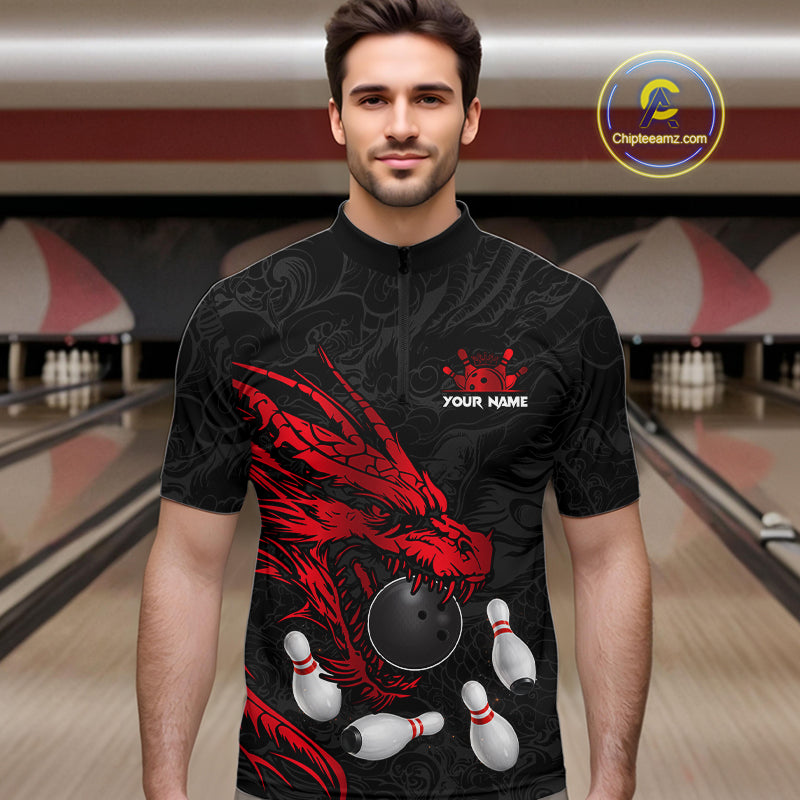 Black And Red Custom Dragon Bowling Shirt For Men, Bowling Team Jersey Polo & Quarter Zip TDM6166