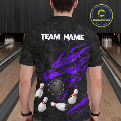 Black And Purple Custom Dragon Bowling Shirt For Men, Bowling Team Jersey Polo & Quarter Zip TDM6167