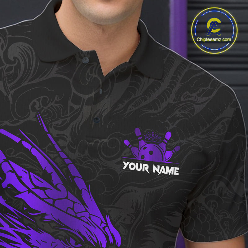 Black And Purple Custom Dragon Bowling Shirt For Men, Bowling Team Jersey Polo & Quarter Zip TDM6167