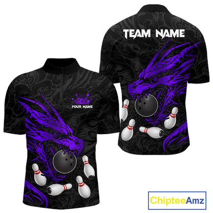 Black And Purple Custom Dragon Bowling Shirt For Men, Bowling Team Jersey Polo & Quarter Zip TDM6167