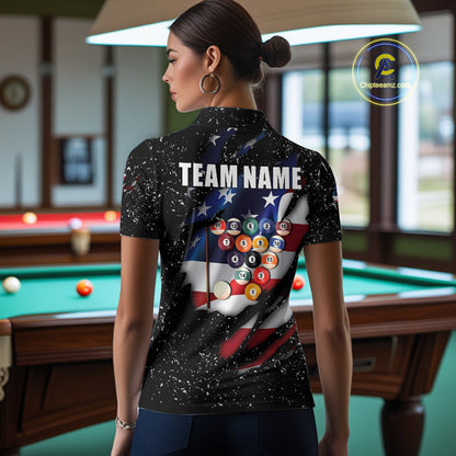 Black Grunge US Flag Eagle Billiard Shirt For Women Custom 8 Ball Pool Team Jersey Polo & 1/4 Zip TDM6404