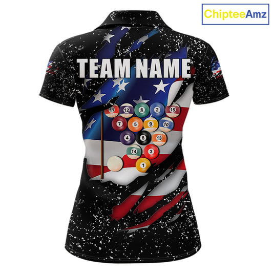 Black Grunge US Flag Eagle Billiard Shirt For Women Custom 8 Ball Pool Team Jersey Polo & 1/4 Zip TDM6404