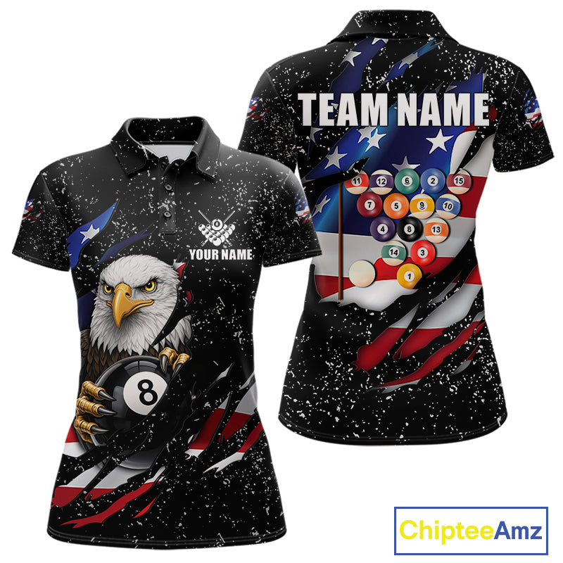 Black Grunge US Flag Eagle Billiard Shirt For Women Custom 8 Ball Pool Team Jersey Polo & 1/4 Zip TDM6404
