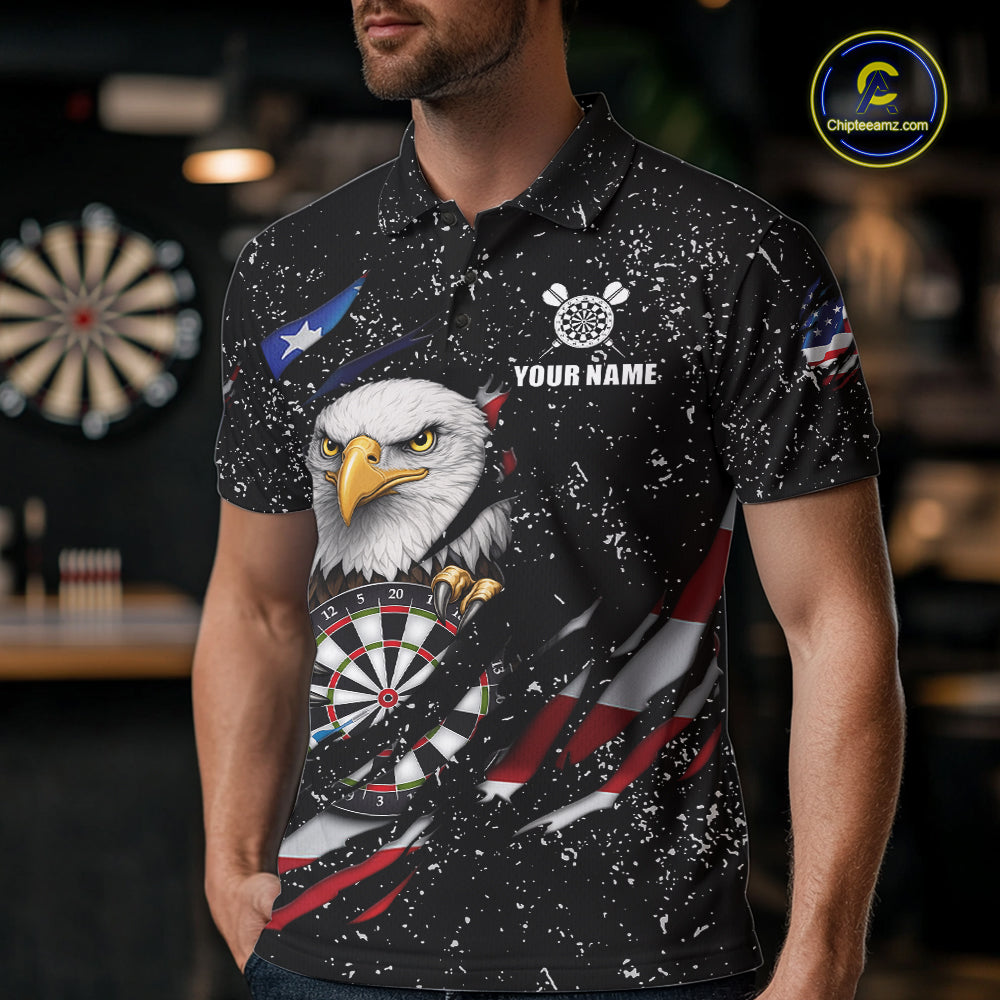 Custom Eagle Darts Jersey For Men, Black Grunge American Flag Patriotic Darts Shirt Polo & 1/4 Zip TDM6405