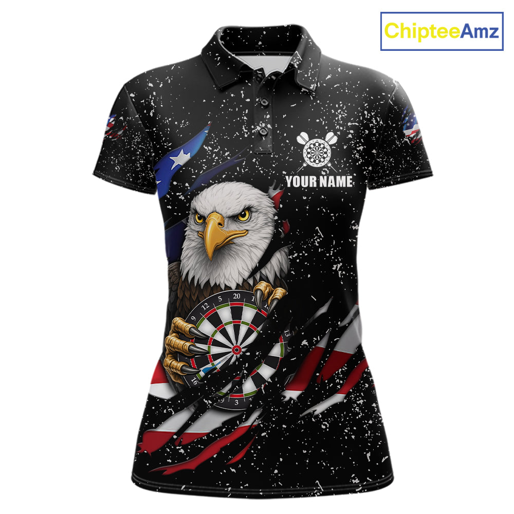 Custom Eagle Darts Jersey For Women, Black Grunge American Flag Patriotic Darts Shirt Polo & 1/4 Zip TDM6405